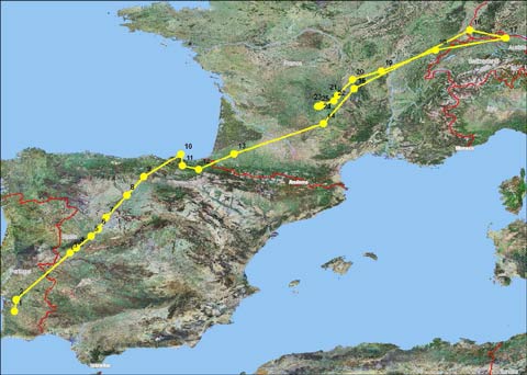 mapa de seguimiento de migracion de torcaz a traves de balizas argos