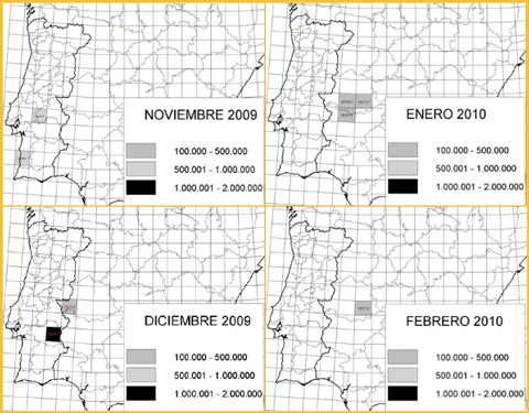 Distribución de las grandes concentraciones de Paloma Torcaz en los 4 meses de seguimiento durante la invernada 2009-10. Se representan los resultados (número de palomas) sobre la retícula UTM de 50x50 km.